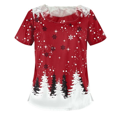 

purcolt Plus Size Christmas Scrubs Tops for Women Casual Xmas Print Short Sleeve Round Neck Professional Nursing Workwear Tunic Uniform Medical Blouse with Pockets