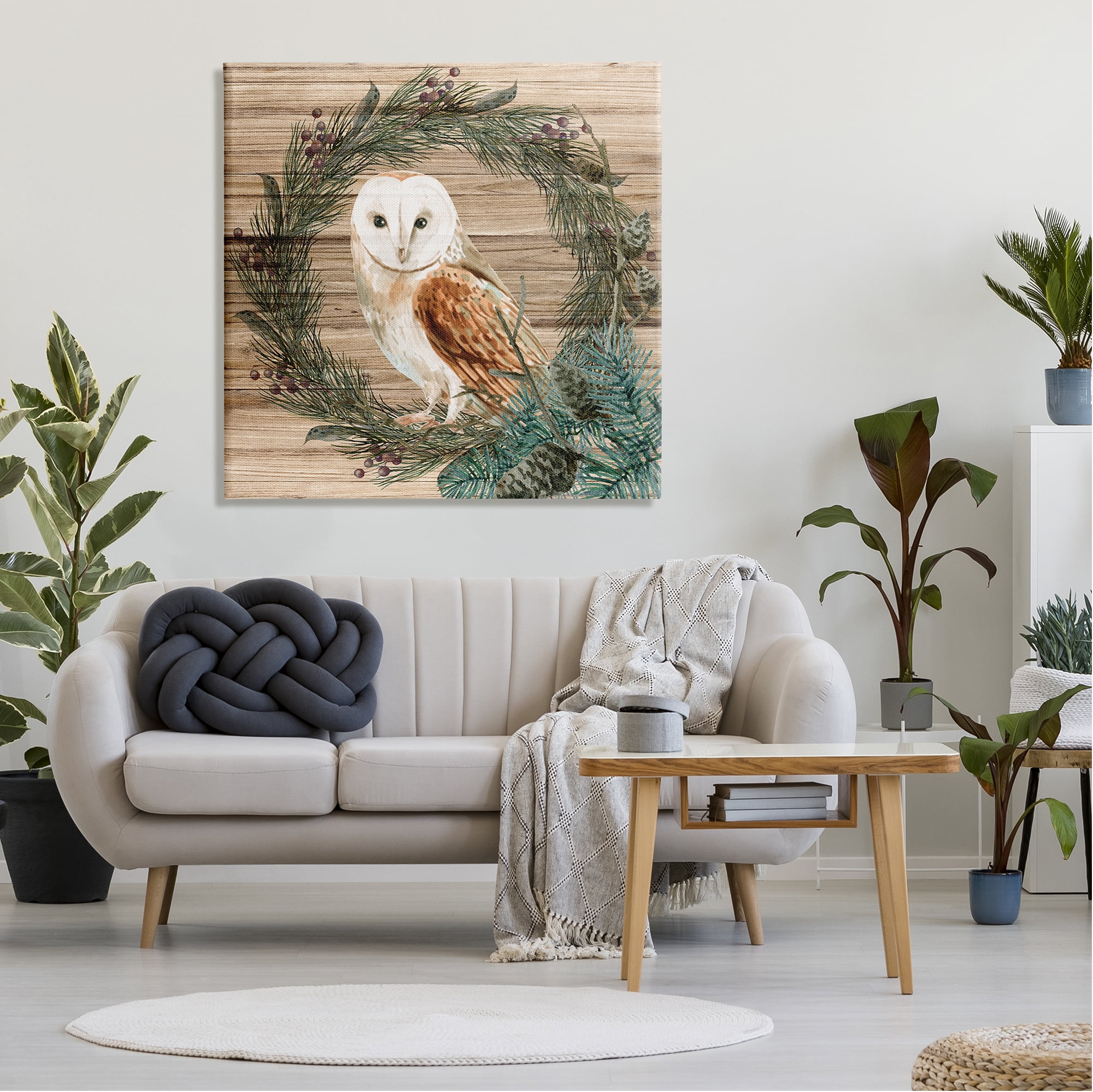 Stupell Industries Rustic Owl on Pine Wreath Botanical & Floral Painting Gallery Wrapped Canvas Print Wall Art, 36 x 36