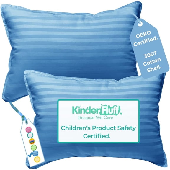 kinder Fluff Children Pillows (2X) - The Only Twin Pillows for Kids 300T Cotton Shell & Down Alternative Fill - Ideal Travel Pillows for Sleeping Kid, Bedding Set & Floor Cushions (16x24in - Blue)