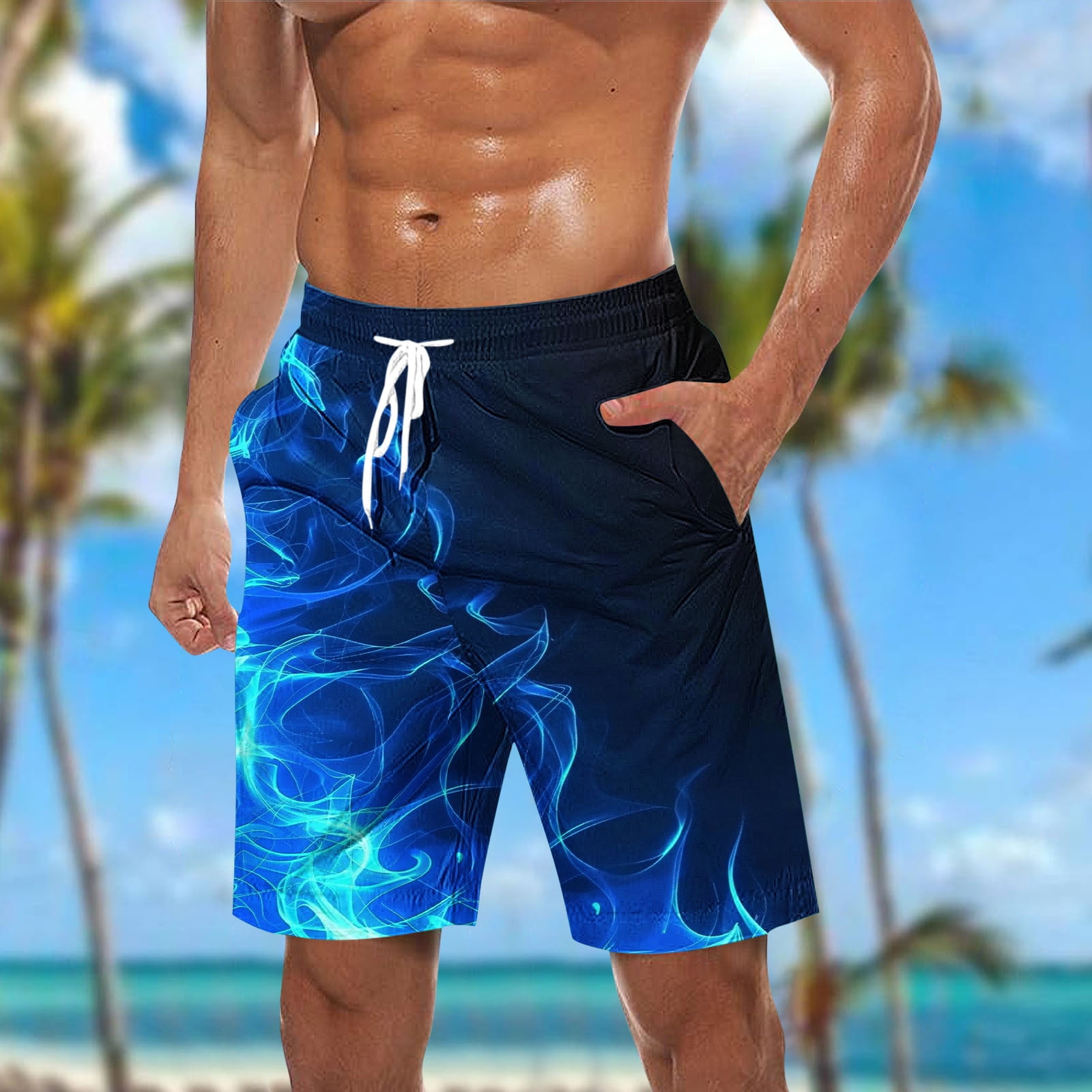 BRGZLK Mens Casual Shorts Summer Elastic Waist Drawstring Flame