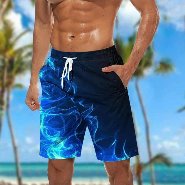Sentmoon Gym Shorts Men 2025 Summer Lightweight Loose Swim Shorts Flame Print Drawstring Elastic Waist Sweat Shorts with Pockets Trendy Daddy for Runs Workouts Light Blue L