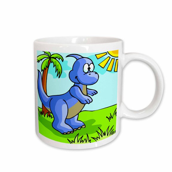 3drose, Cute Blue Dino Dinosaur Cartoon Scene, 15oz Mug