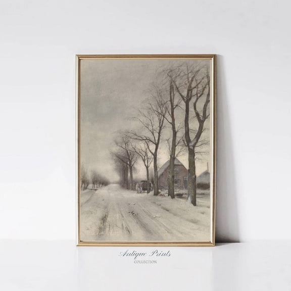 Muted Winter Theme Vintage, Snowy Country Landscape Wall Art, Farmhouse Winter Festive Decor, Antique Countryside Art Poster, Unframed Poster Size 8x12