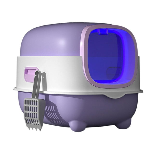 Caja de arena para gatos con capucha, caja de arena para mascotas con solapa en la puerta delantera, bandeja de arena para gatos, orinal extraíble , Violeta