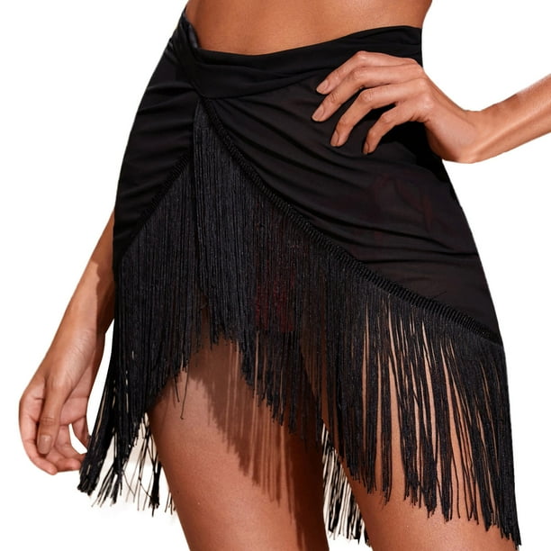 Gibobby faldas largas de mujer casuales Falda de playa transparente con adorno de volantes para mujer Falda con cordones Falda de playa Bikini Envolturas brillantes Cubrir par(Negro, XXL)