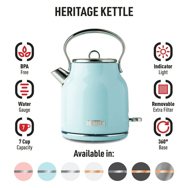 Haden 75004 Heritage 1.7 Liter (7 Cup) Stainless Steel Electric Kettle with  Auto Shut-Off and Boil Dry Protection, Turquoise
