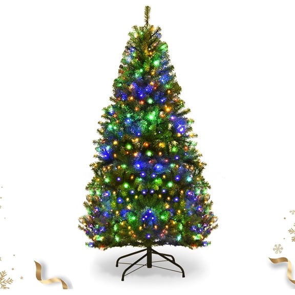 4FT Pre-Lit Christmas Tree with 300 PVC Branch Tips and Foldable Base, Premium Artificial Spruce Tree Hinged Xmas Tree for Holiday Decoration