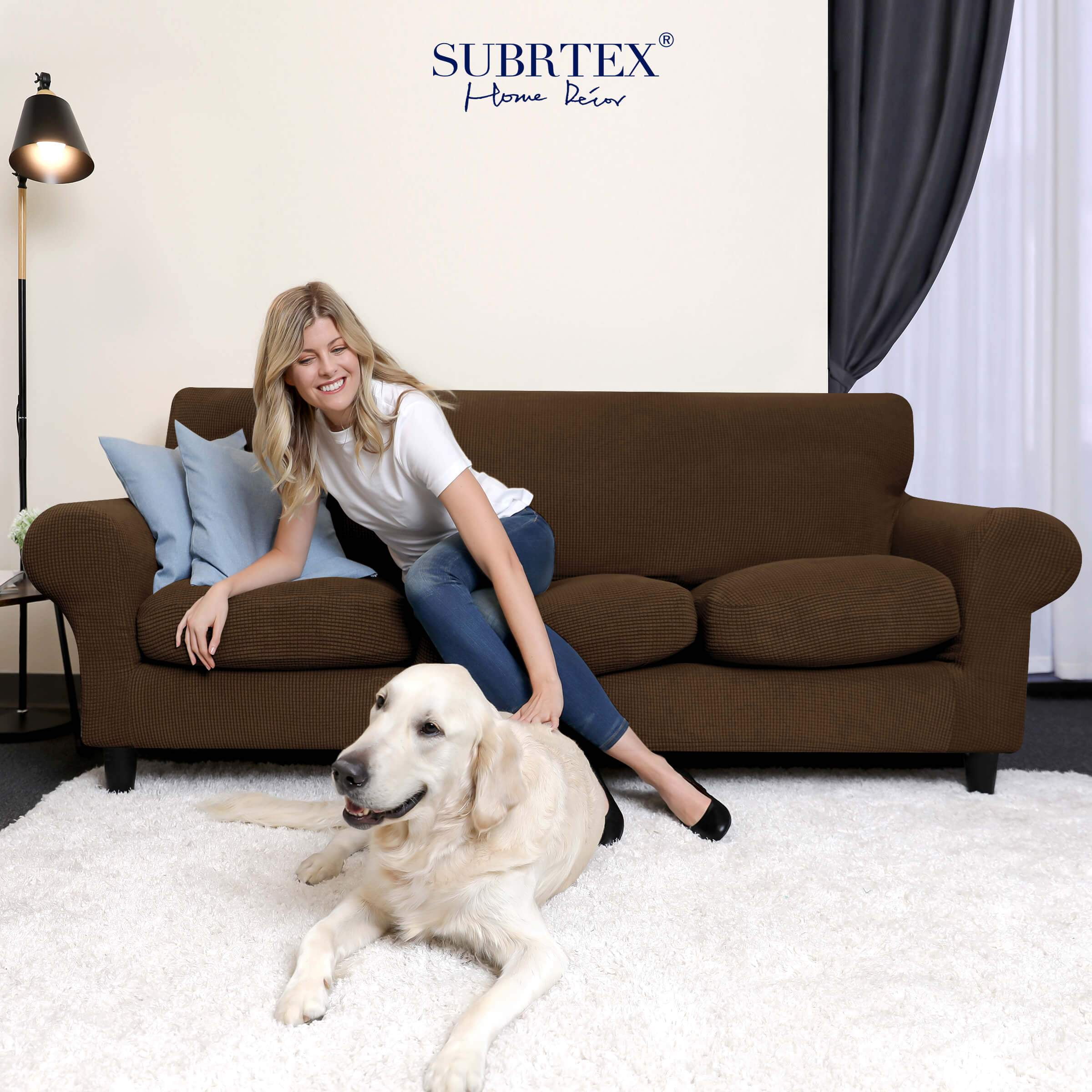 Subrtex Textured Grid Stretch Sofa Cover Couch Slipcover with Separate Cushion Cover (Coffee, Sofa)
