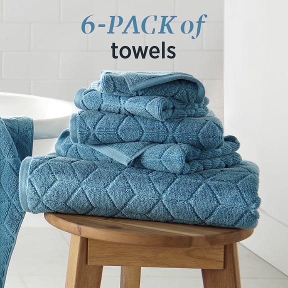 WelHome 100% HYGROCOTTON® 6-Piece Textured Soft Towel Set, Delphinium Blue, 550 GSM, 2 Large Bath Towels 30" x 56", 2 Hand Towels, 2 Washcloths, Absorbent & Plush Bathroom Towels