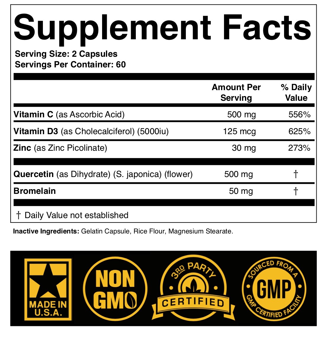Zinc Quercetin 500mg with Vitamin C Vitamin D3 Bromelain Supplement ZQV Immune Complex (120-Ct)