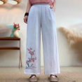 thumbnail image 2 of Casual Pants for Women Elastic Waist Embroidered Loose Cropped Wide Leg Linen Blend Casual Trousers, 2 of 3
