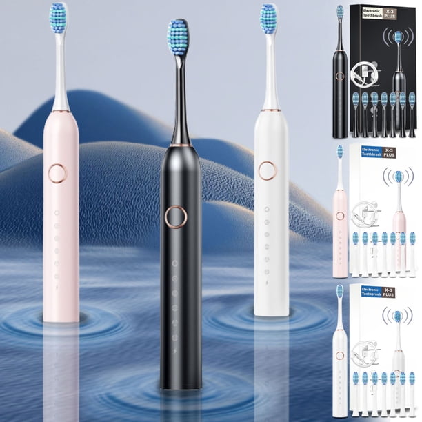 Cepillo de dientes eléctrico con 8 cabezas y 6 modos - 60000 VPM, impermeable IPX7, batería de 45 días, USB recargable - blanco o rosa