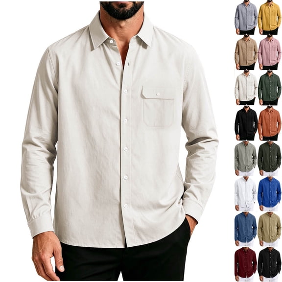 YODETEY Men's Solid Button Down Long Sleeve Casual Twill Shirt with Chest Pocket,Lightweight Fit Dress Shirts,Size S-2XL