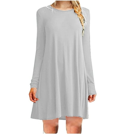 Dwaogom Women s Fashion Casual Long Sleeve Solid Round Neck Ladies Loose Mini Dress Halter Dresses For Women Red Maxi Dress Renaissance Bag