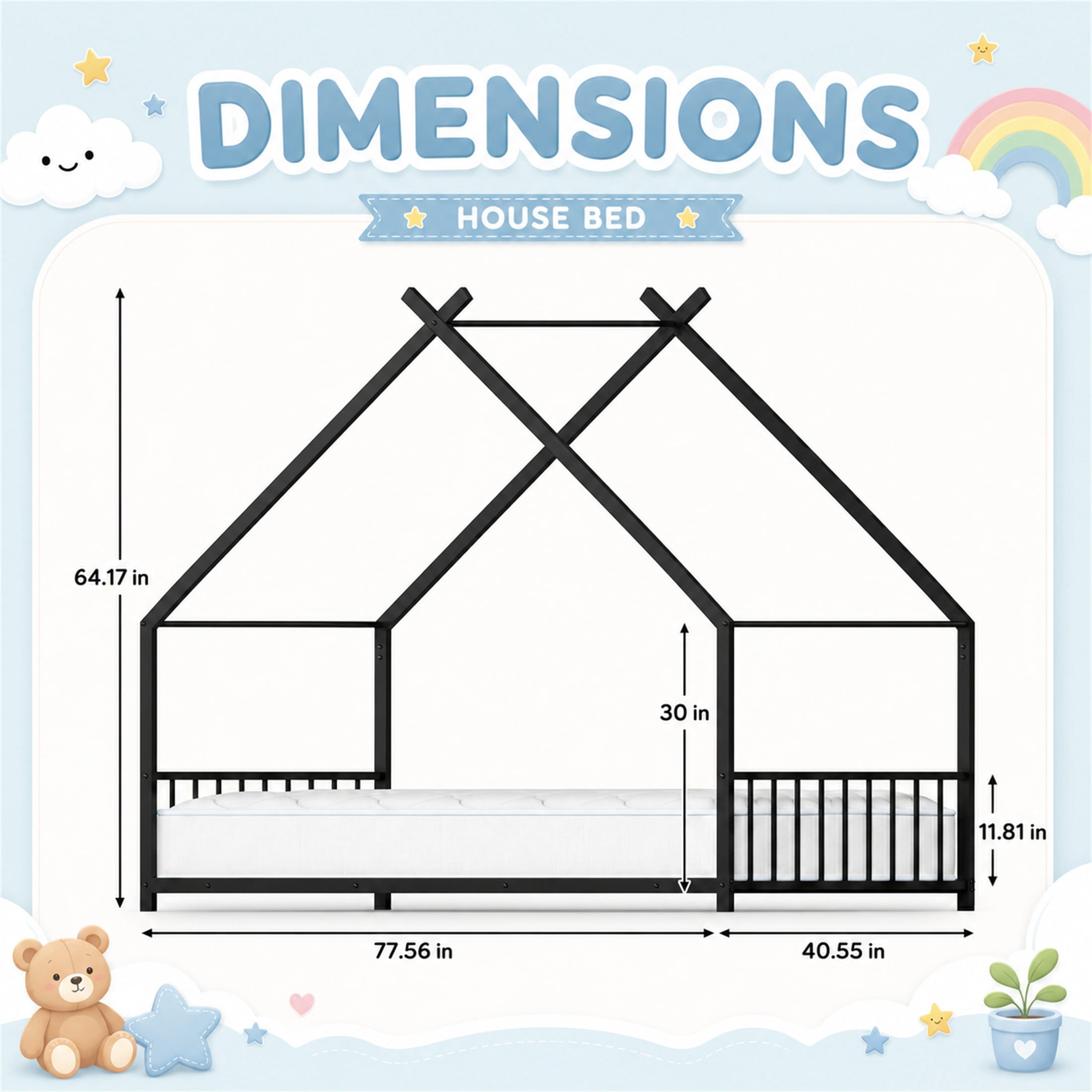 SESSLIFE Montessori Floor Bed, Twin Size Toddler Bed with Roof and Guardrail, House-Shaped Design, No Box Spring Needed, Toddler Bed Frame for Kids, Black