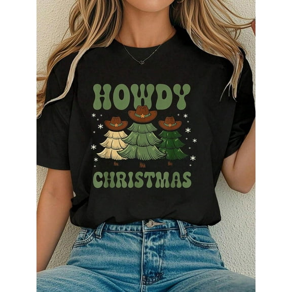Women Cotton Tshirt Howdy Christmas Cowboy Western Country Christmas Trees T-Shirt Comfort Tshirt Women