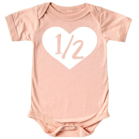 

Half Birthday Bodysuit Girls 1/2 in Heart Birthday Glitter Gold Outfit for Baby Girls White on Peach Bodysuit 12 Months