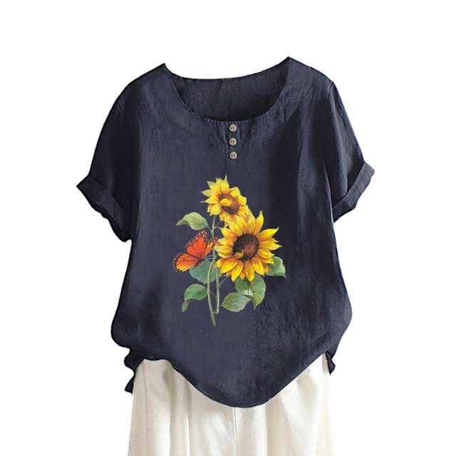 SZXZYGS Femmes T-Shirts Casual Femmes Été Col Rond Bouton Imprimé Manches Courtes T-Shirt Top Blouse 2024 Été