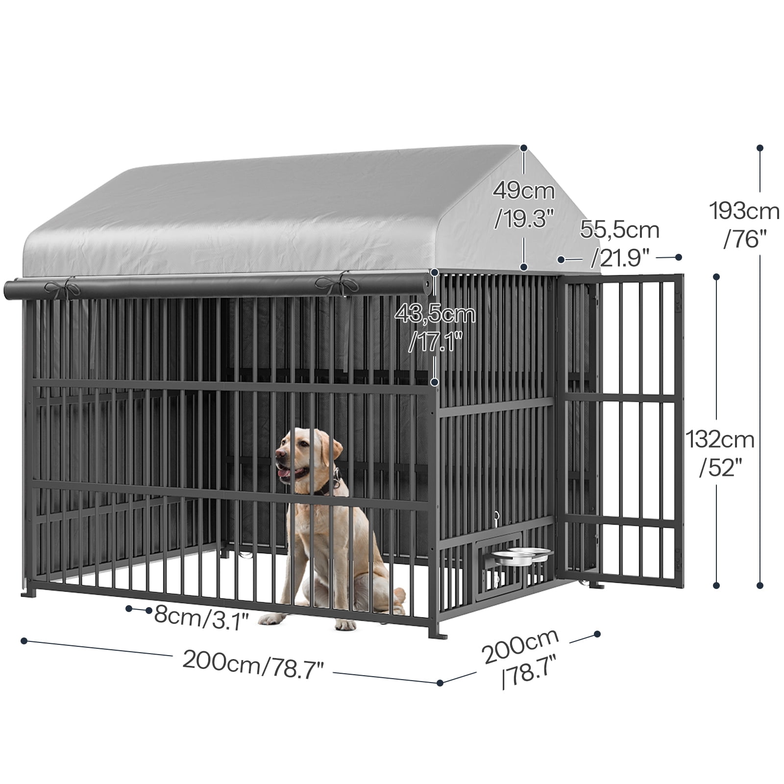 HOOBRO Outdoor Dog Kennel with Cover, 6.6 x 6.6 x 6.4 ft Dog Kennel Outside with Waterproof Roof and Rotating Feeding Bowls, Heavy-Duty Large Cage Enclosure, for Medium & Large Dogs, Black BK220GW03