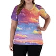 thumbnail image 3 of Dweltoz Women's Scrub Top Cute Print Short Sleeve Scrub Shirts Stretch V-Neck Tops Classic Fit Fade Resistant Scrubs With 2 Pockets,Purple Pink 4XL, 3 of 5
