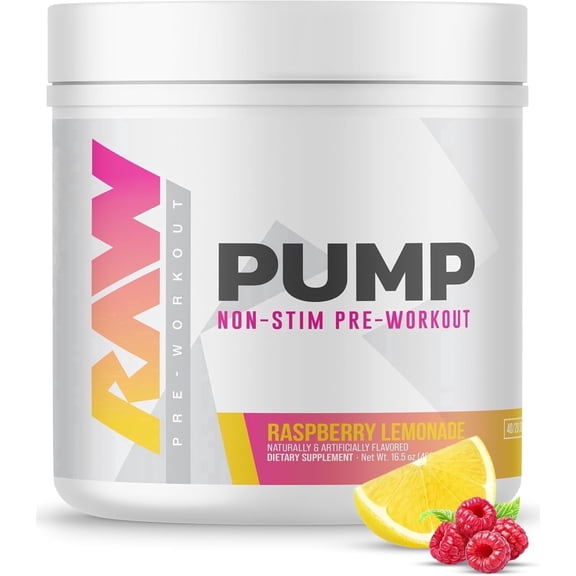 Raw Nutrition Pump Stim-Free Pre-Workout Powder, Raspberry Lemonade, 40/20 Servings