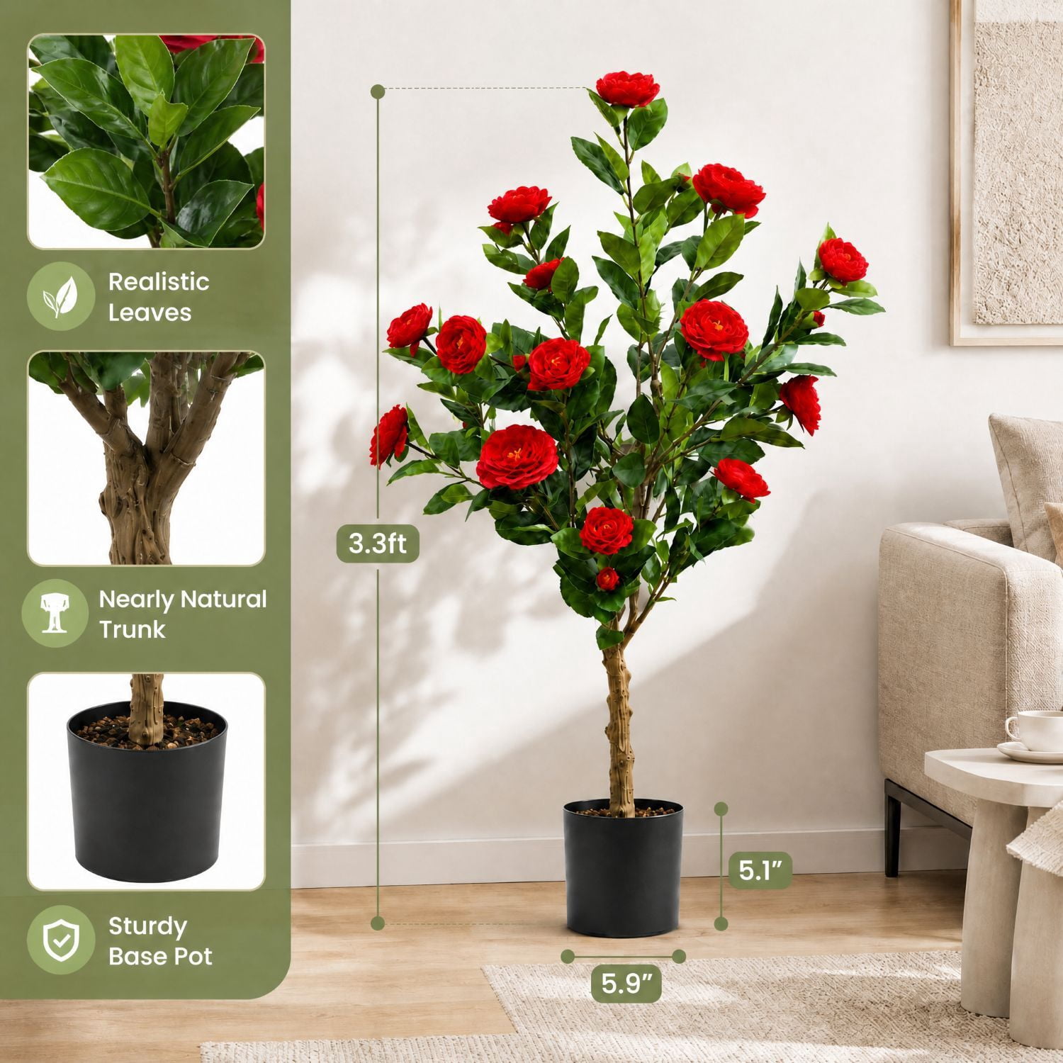 Easy4Home 3.3FT Artificial Flower Plant Fake Camellia Tree Potted Indoor, Red