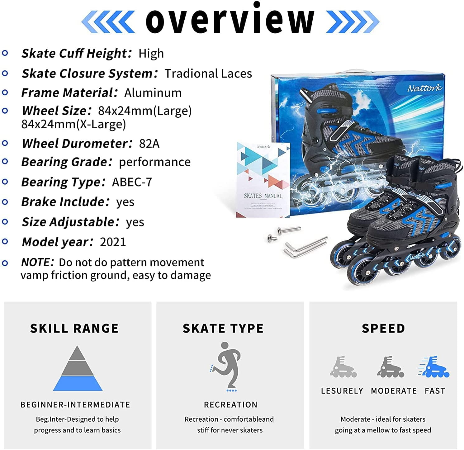 SubSun Inline Skates for Adults Men Women Adjustable Aggressive Durable Roller Blades with Giant Wheels Blue S
