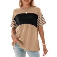 thumbnail image 2 of Womens Summer Oversized 2025 Crewneck Casual Color Block Striped Shirts Blouses Khaki M, 2 of 9