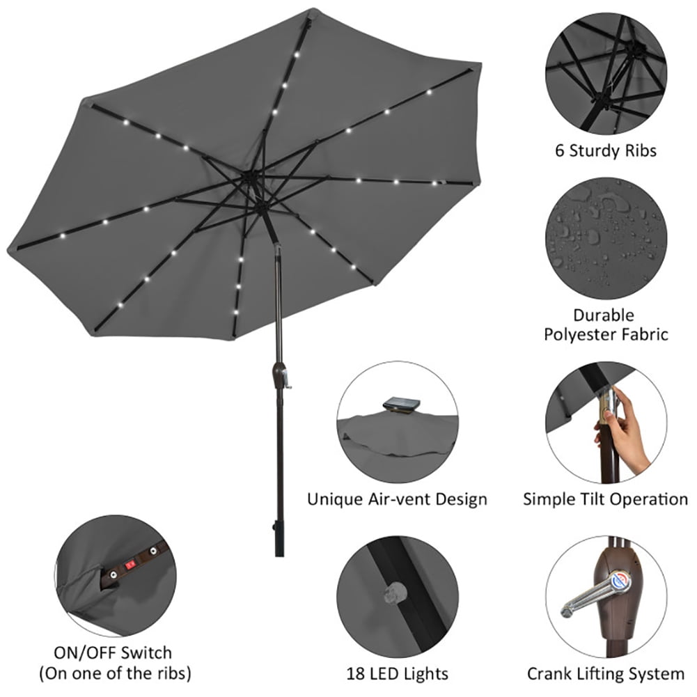 Spaco 10 Feet Outdoor Patio Umbrella with 3 Bright Solar LED Lights, Patio Umbrella with Sturdy and Durable Construction, Gray
