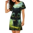 thumbnail image 2 of Fotbe Cute Big-Eyed Black Cat Bata de Dormir para Mujer con Estampado, Camisón de Algodón de Manga Corta, Ropa de Dormir Casual, 2 of 6