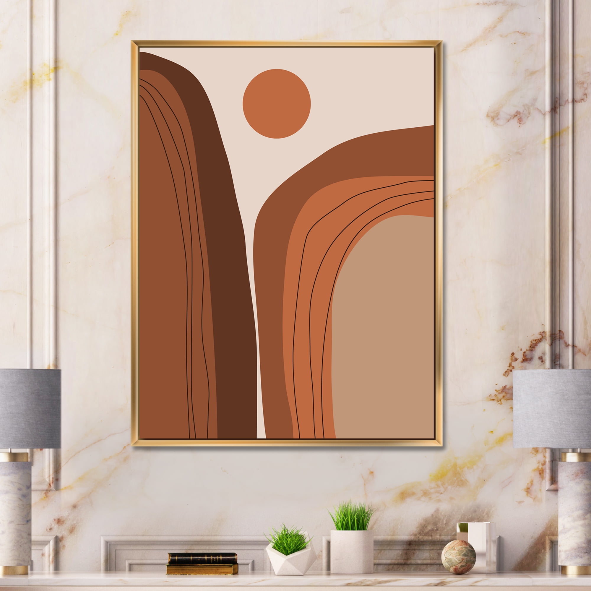 Designart 'Abstract Terracotta Mountain Landscape Sunset ' Modern Framed Canvas Wall Art Print