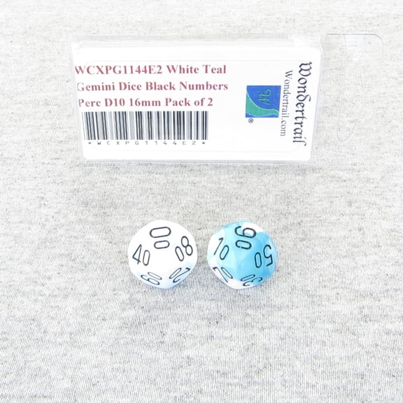 White and Teal Gemini Dice with Black Numbers Perc D10 Aprox 16mm (5/8in) Pack of 2 Wondertrail