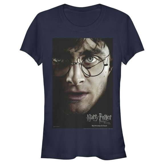 Junior's Harry Potter Deathly Hallows Harry Character Poster  Graphic Tee Navy Blue Small