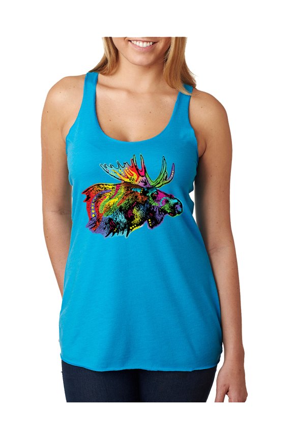 , Colorful Rainbow Moose Head Wildlife Animal Lover Tri-Blend Racerback Tank Top, Vintage Turquoise, Large