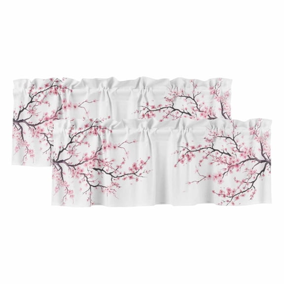 Pink Cherry Blossom Curtain Valances for Windows, Kitchen Valance Window Treatments Panel 2 Pack, Spring Branches Floral Watercolor Rod Pocket Short Curtains for Bathroom Bedroom 60 x 18 Inch
