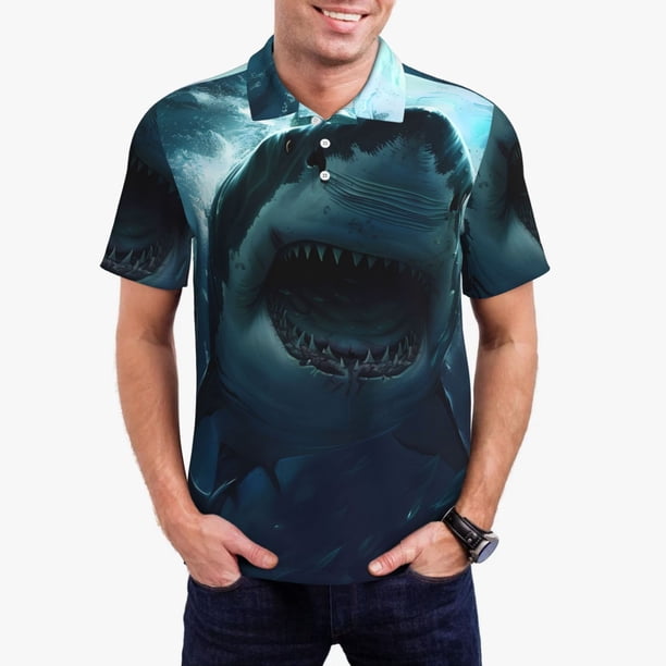 Fotbe Undersea Shark Camiseta Polo de Golf para Hombre con Estampado – Camisa Deportiva Transpirable con Cuello Abotonado-X-Large