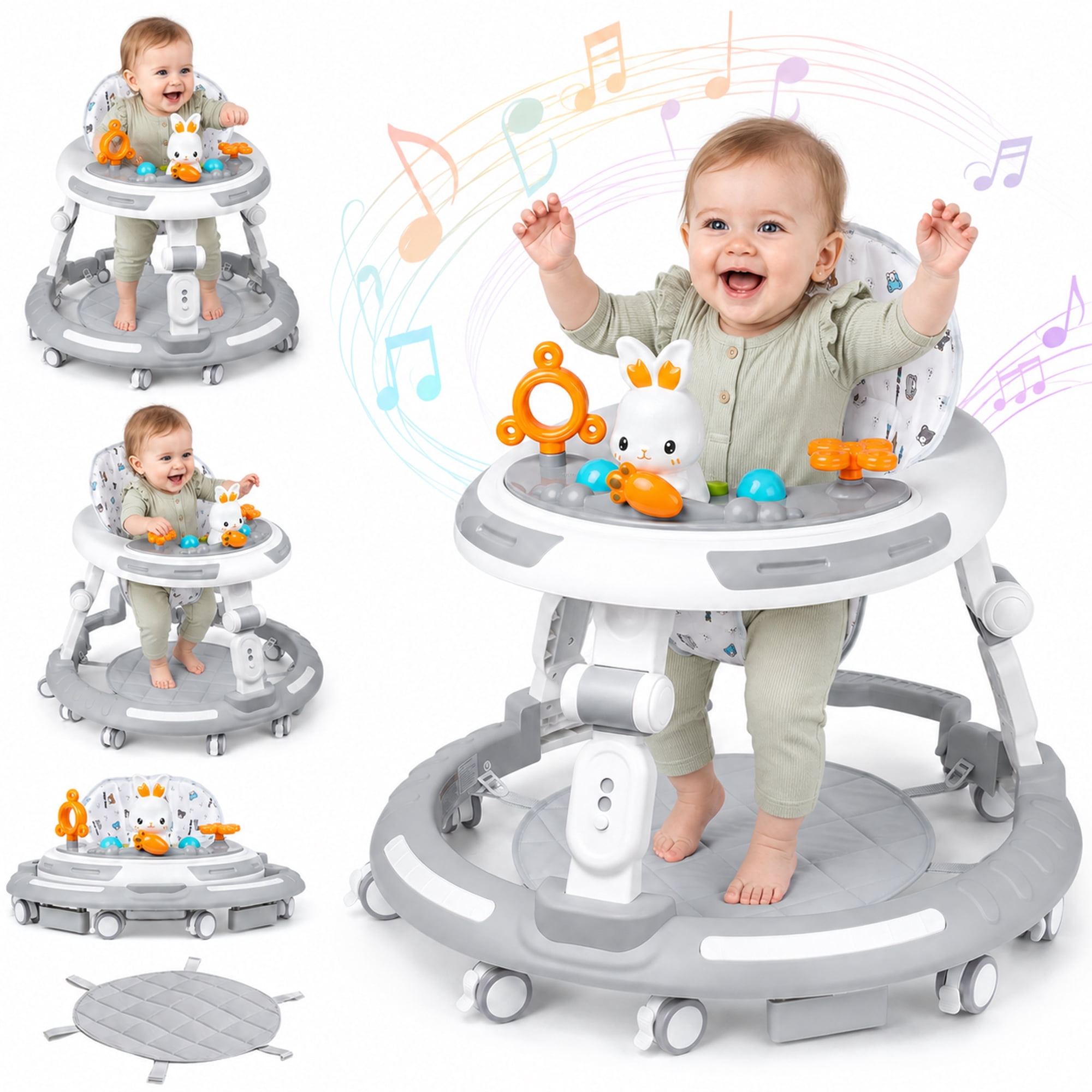 4-in-1 Foldable Baby Walker with Wheels, Height Adjustable Activity Center & Push-Along Mode, 360° Swivel Casters, Removable Feeding Tray, 6-18 Months