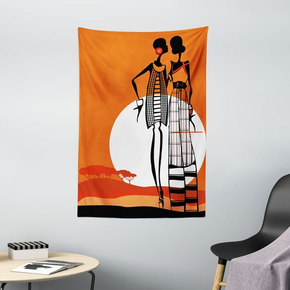 African Tapestry, Desert Sunset Scenery Fashionable Stylish African Women with Trees Picture, Wall Hanging for Bedroom Living Room Dorm Decor, 40W X 60L Inches, White Orange Black, by Ambesonne
