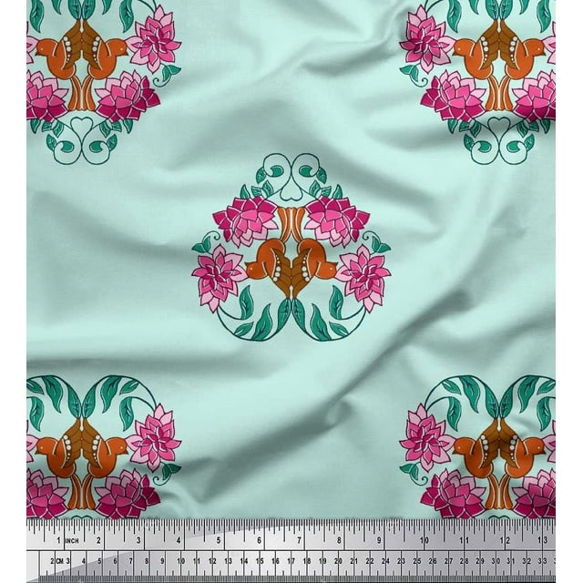 Soimoi Poly Georgette Fabric Leaves,Bird & Lotus Block Print Fabric by The Yard 42 Inch Wide