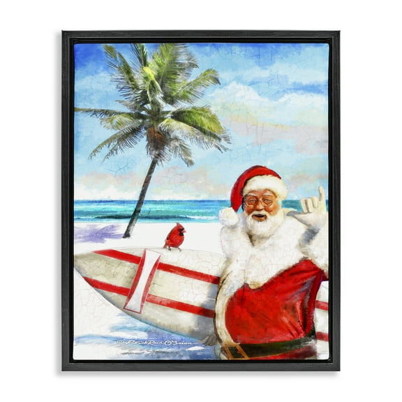 Stupell Industries Surfing Santa at Beach Holiday Painting Black Floater Framed Canvas Art Prints Wall Art, 17 x 21