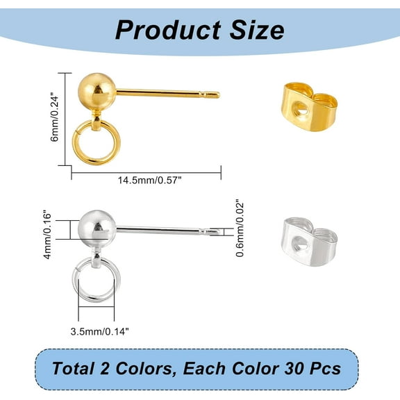 120 Pcs Ball Posts Earrings Stud Gold Sliver Round Ball Earring Post Brass Earrings with Loop for Jewelry Making DIY Earring