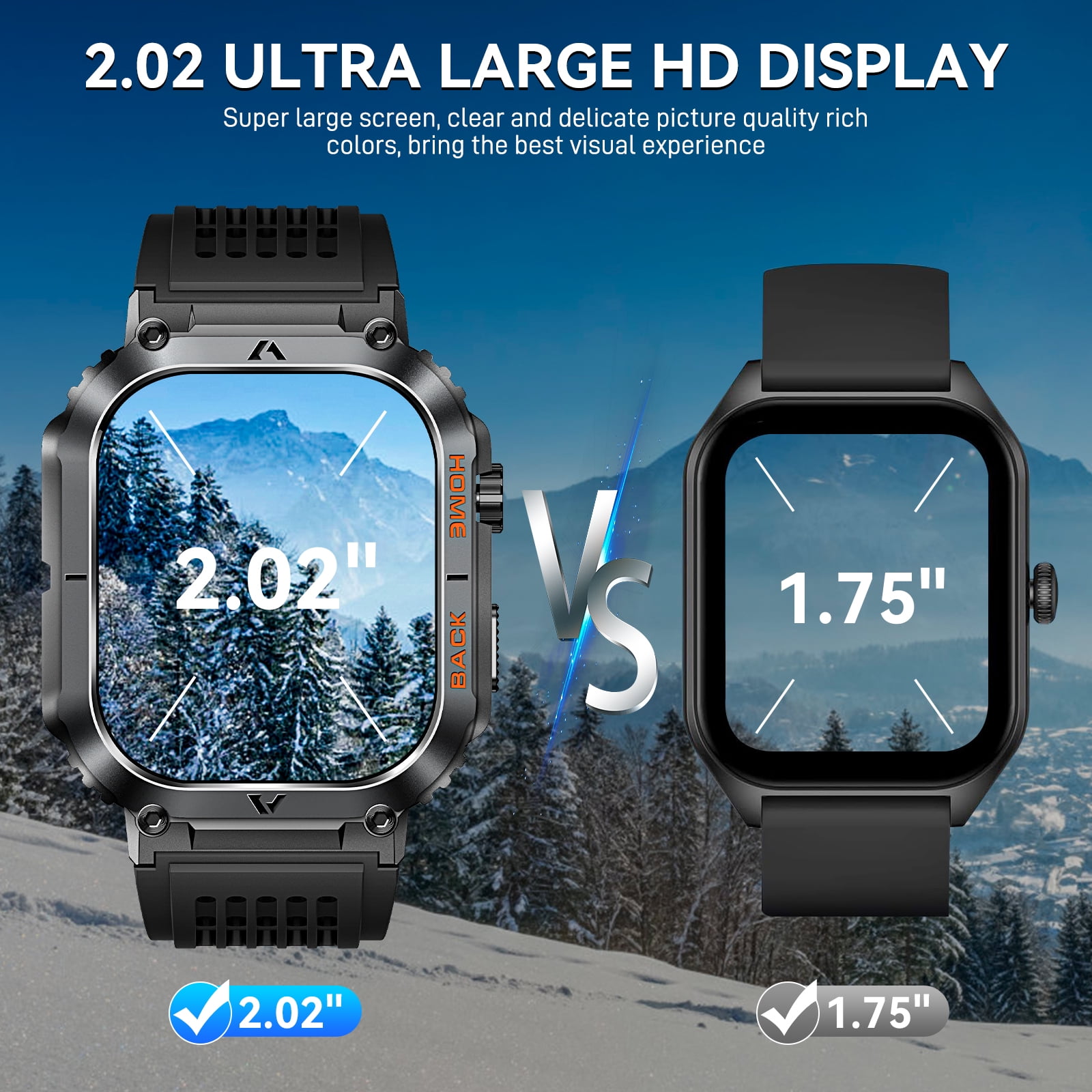 Cyberdyer Military Waterproof, Rugged, Compass Fitness 2.02" Black Case with Black Band Smart Watch