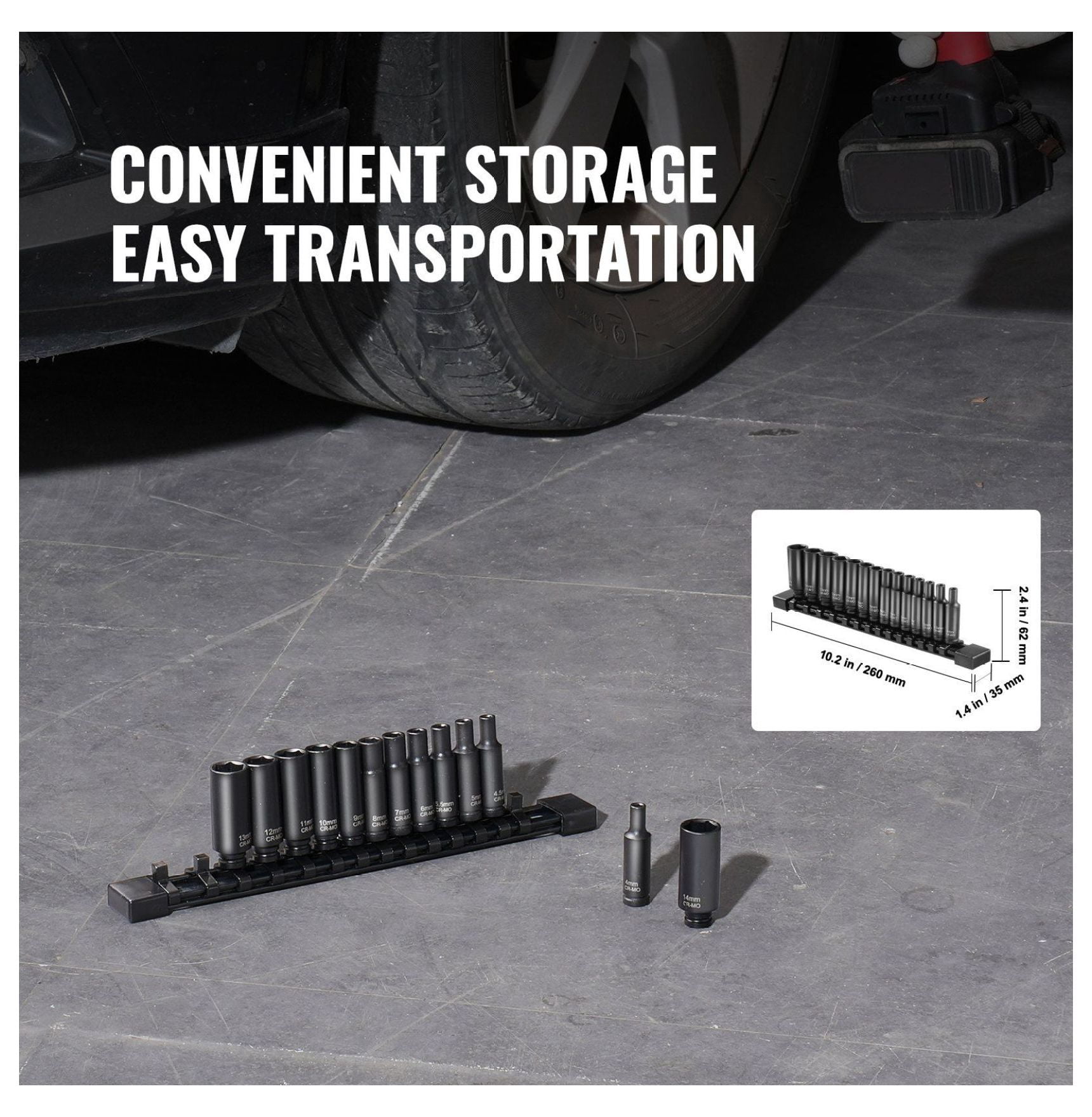 1/4" Drive Impact Socket Set, 14 Piece Metric 4-15mm Deep Sockets, Cr-Mo Steel for Auto Repair