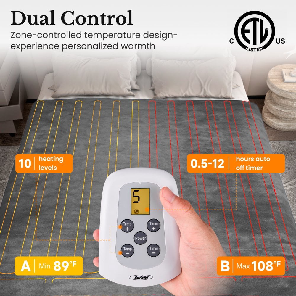 Royalcraft Electric Blanket King Size with Dual Control, 10 Heating Levels& 12 hours Auto-off, Overheat Protection, Beige