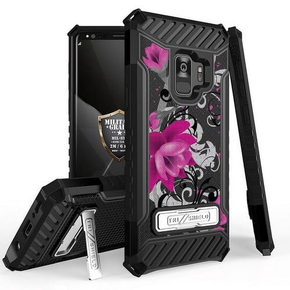 Galaxy S9 Case, Trishield Durable Shockproof High Impact Rugged Armor Phone Cover Built In Kickstand for Samsung Galaxy S9 Only Printed Lotus