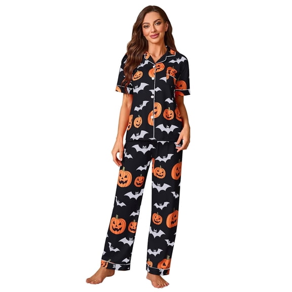 Halloween women's sleepwear set - short-sleeved buttoned one-piece pajamas - 2-piece set - soft and comfortable pajamas - living room casual set