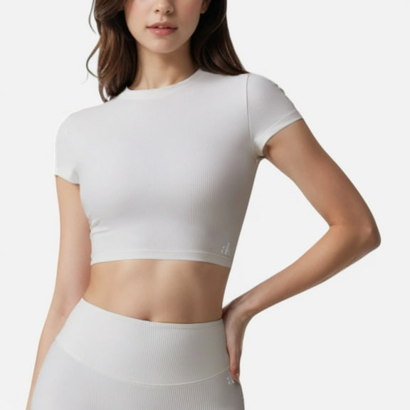 Active Women's Short Sleeve Ribbed Crop Top with Crew Neck and Stretch Fabric - Medium, White