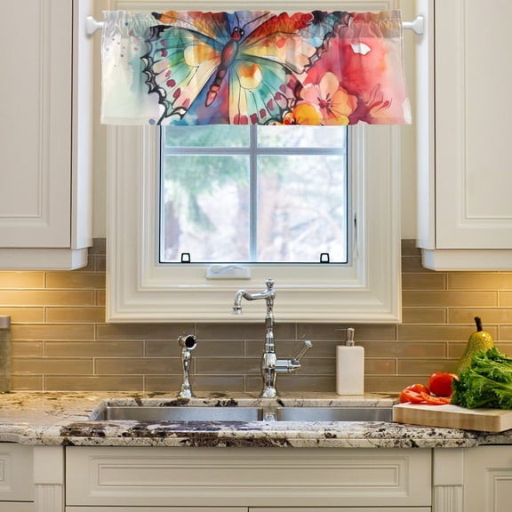 Butterflies Flowers Painting Curtain Valances Farmhouse Design Window Treatment Decor Blackout Rod Pocket for Windows Living Room Kitchen 54" x 18"