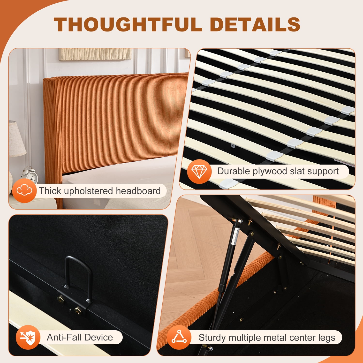 Queen Size Bed Frame with Lift Up Storage, Corduroy Upholstered Platform Bed with Wingback Headboard, No Box Spring Needed, Hydraulic Storage, Orange