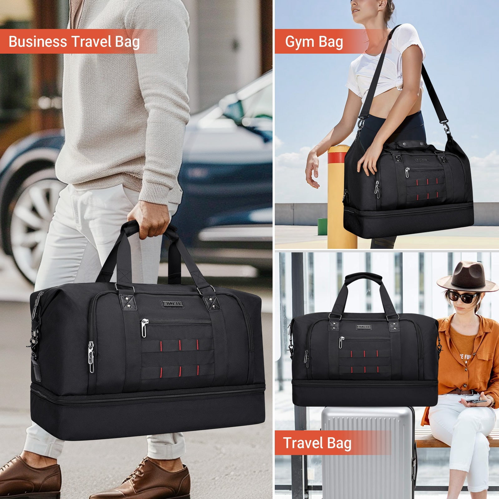 WITZMAN Travel Duffle Bags for Men Weekender Bags with Toiletry Bag Sets Carry on Overnight Bag 55L（B696 Black）